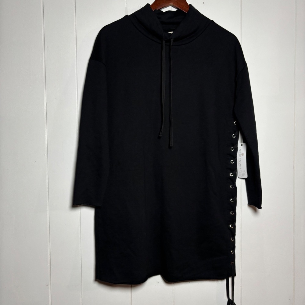 Indigenous Organic Black Cocoon Lace Up Tunic Dress Cowl Neck XS Earthy Grunge